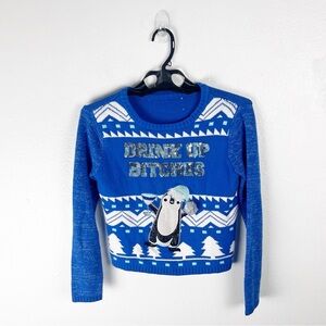 UNBRANDED Blue Long Sleeves Sequins Graphic Penguin Ugly Christmas Sweater